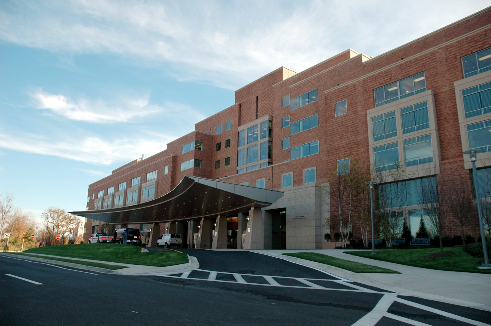 Modern hospital entrance driveway used for patient pickup and discharge